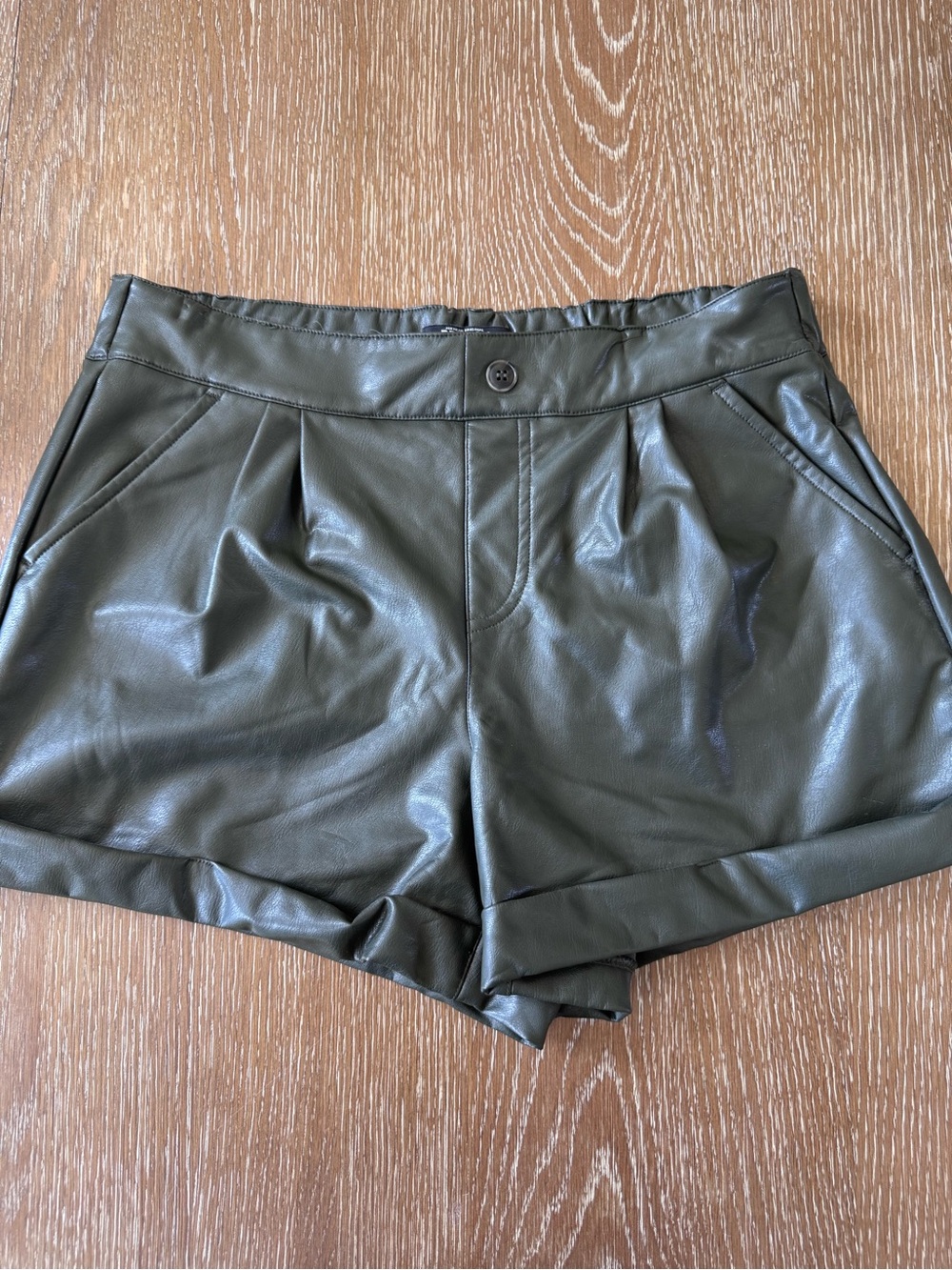 Rewash Olive Green Faux Leather High-Waist Pleated Shorts